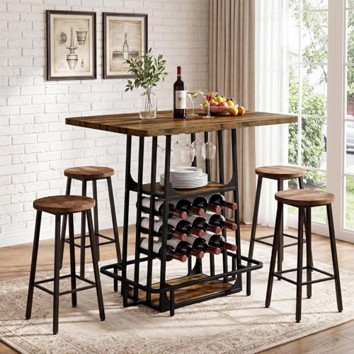 Tribesigns Bar Table, Industrial Counter Height Pub Table, Black and Brown | with Glass Holder and Wine Storage,3-Tier Cocktail Table, Home Bar Unit with Metal Footrest for Kitchen, Bistro, Dining Room