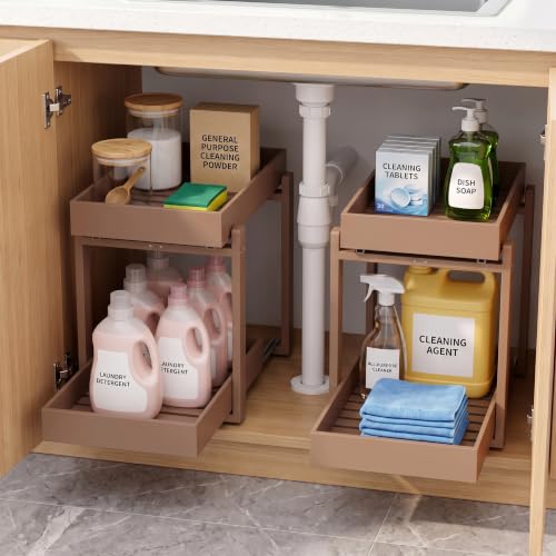 Bamboo Under Sink Organizer and Storage, 2 Pack Pull Out Cabinet Organization, 2 Tier Vertical Slide Out Undersink Storage Shelf, Multi-Purpose Organizer Shelves for Kitchen Bathroom Medicine - color: Brown, size: 2-Pack-B