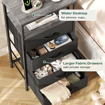 Huuger Night Stand with Charger Station and LED Lights, 4 Drawer Nightstand, Bed Side Table with Open Shelf, End Table, Fabric Dresser for Bedroom, Grey - color: Grey, size: 11.8"D x 15.7"W x 33.9"H（4 Drawers）