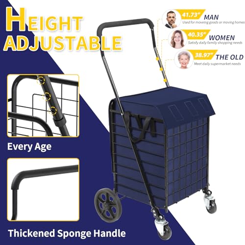 Kiffler Foldable Shopping Cart with Waterproof Basket Liner & 360° Swivel Wheels | Collapsible, Lightweight | Perfect for Groceries, Laundry, Max 100 LBS Utility Cart for Seniors, Apartments - size: Medium+Blue Bag