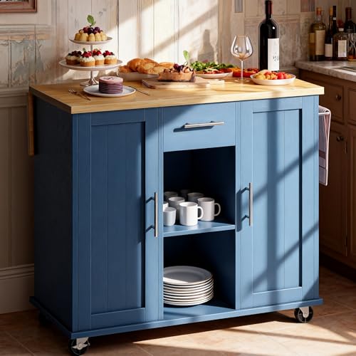 SUNLEI Rolling Kitchen Island Cart with Wheels, Island Table for Kitchen, Farmhouse Kitchen Cart with Drop Leaf & Towel Rack & Drawer, Kitchen Islands Table with Storage Cabinet, Blue - style: Blue