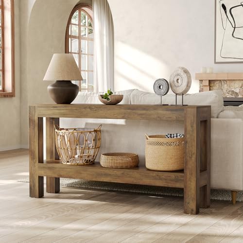 LITTLE TREE 63-Inch Entryway Console Table, Long Farmhouse Narrow Sofa Table for Living Room, Hallway, Entry, Entrance, Foyer, Behind Couch with 2-Tier Shelves, Rustic Brown - color: Light Brown