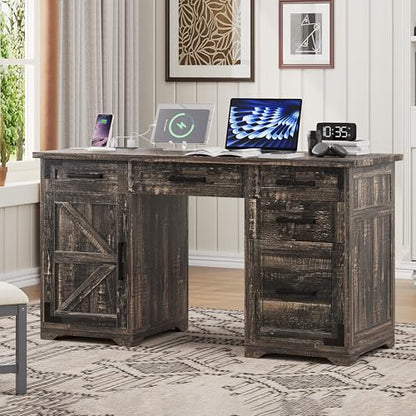 55" Farmhouse Executive Desk with Charging Station & Power Outlet, Home Office Computer Desk with 5 Drawers and Storage Cabinet, Rustic Wood Writing Study Table with File Drawer (Rustic Gray-05) - color: Rustic Gray-05