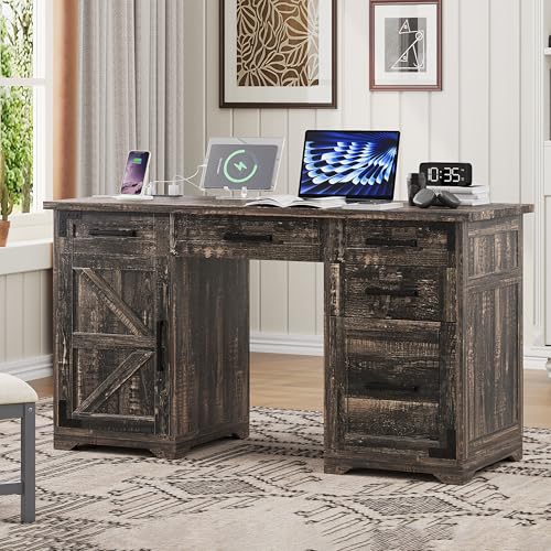 55" Farmhouse Executive Desk with Charging Station & Power Outlet, Home Office Computer Desk with 5 Drawers and Storage Cabinet, Rustic Wood Writing Study Table with File Drawer (Rustic Gray-05) - color: Rustic Gray-05