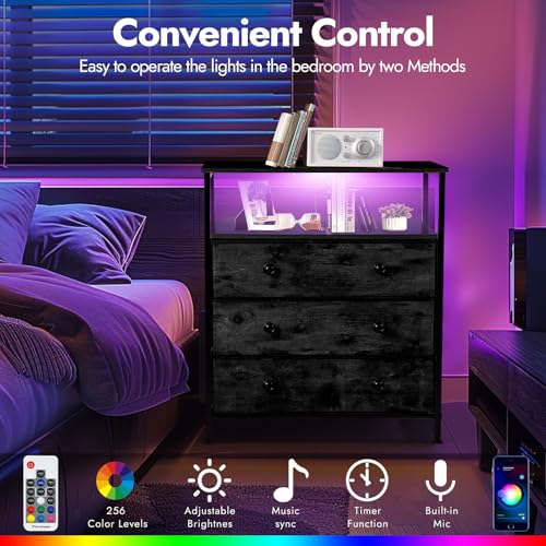 3-Drawer LED Nightstand Set 2 with Charging Station, Black | Engineered Wood and Steel, 2 AC and 2 USB ports, 24 Inch Wide, RGB App Control, Fabric Drawers, Open Storage Shelf - color: Black, 2 Pack