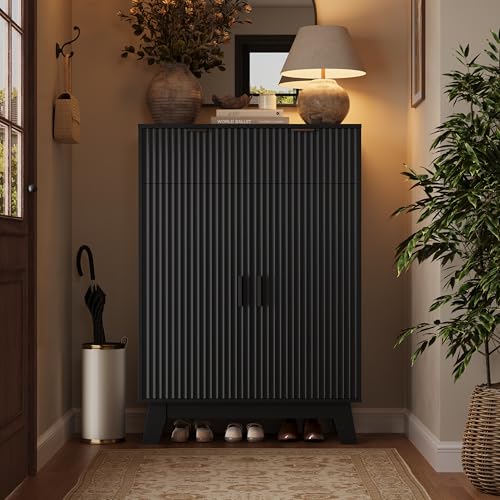Fluted Shoe Cabinet, 4-Tier Mid Century Modern Narrow Shoe Storage Cabinet with Doors & 2 Drawers, Adjustable Shelves, Freestanding Hidden Shoe Rack Organizer & Wooden Legs for Entryway - color: Black, style: 2 Doors & 2 Drawers