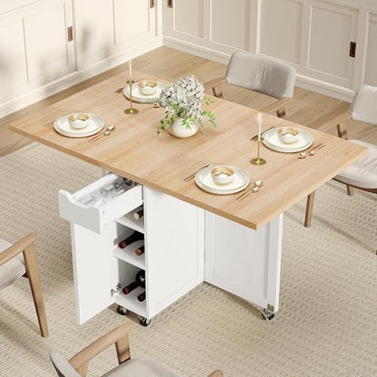 52.7" Folding Dining Table with 6 Wheels, Foldable Dining Table with Drawer, Shelves and Wine Racks, Drop Leaf Table for Small Spaces, Suitable for Kitchen, Dining Room, Apartment (Oak) - color: Light Brown