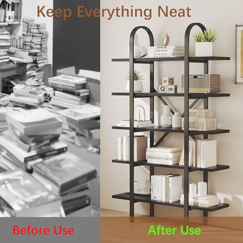 Wide Bookshelf Arched Bookcase, Industrial 5 Tier Open Book Shelves with Metal Frame, 72" Tall Freestanding Heavy Duty Display Rack for Home Office, Living Room,Black,Easy Assembly - color: Black, size: 5 Tier Arched Wide