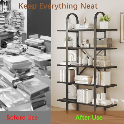 Wide Bookshelf Arched Bookcase, Industrial 5 Tier Open Book Shelves with Metal Frame, 72" Tall Freestanding Heavy Duty Display Rack for Home Office, Living Room,Black,Easy Assembly - color: Black, size: 5 Tier Arched Wide