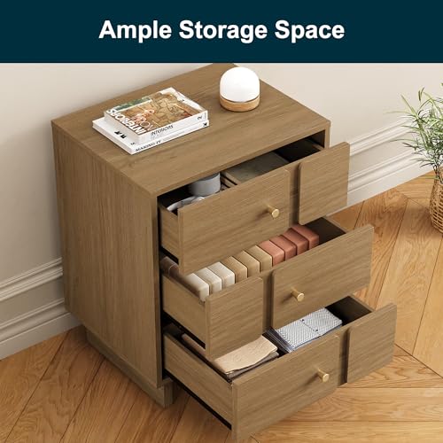 RoyalCraft 3 Drawer Nightstand, 19.69W x 15.35D x 24.80H Inch Wood Bedside Table with 110LBS Load Capacity, End Table Storage Cabinet for Bedroom, Study, Natural Oak Nightstand