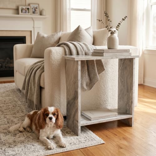Narrow Side Table for Living Room, Slim End Table for Small Spaces Between Couch, Recliner or Armchair, 2 Tier Skinny Table with Open Shelf, Engineered Wood Sofa Beverage Thin Stand (White Marble) - color: White Marble