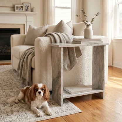 Narrow Side Table for Living Room, Slim End Table for Small Spaces Between Couch, Recliner or Armchair, 2 Tier Skinny Table with Open Shelf, Engineered Wood Sofa Beverage Thin Stand (White Marble) - color: White Marble