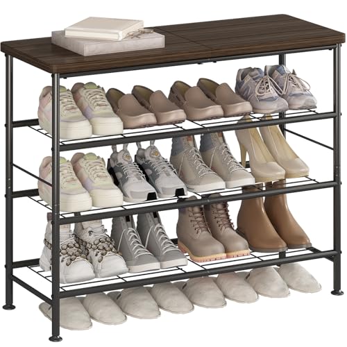SUOERNUO Shoe Rack Organizer 4 Tier for Closet Entryway Free Standing Metal Storage Shoe Shelf with MDF Top Board，Black - color: Black+rustic Brown, size: Standard 4 Tier