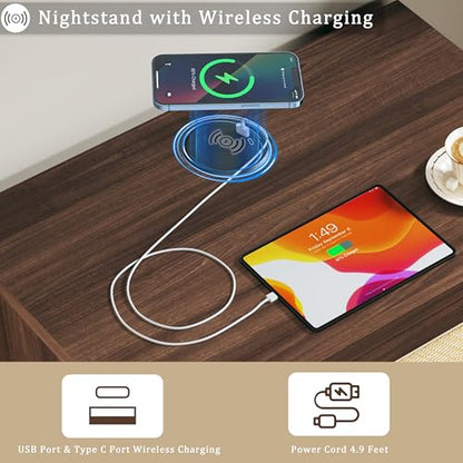 Rattan Nightstand, Night Stand with Wireless Charging, Mid Century Modern Bedside Table with Drawer & Open Shelf, Curved Profile Design, End Side Table with Storage for Bedroom, Walnut - color: Walnut
