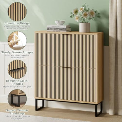 Shoe Cabinet Storage Entryway Slim, Shoe Organizer Cabinet with 2 Flip Drawers, Modern Freestanding Hidden Shoe Rack for Entryway, Natural Wood - size: 2 Flip Drawers