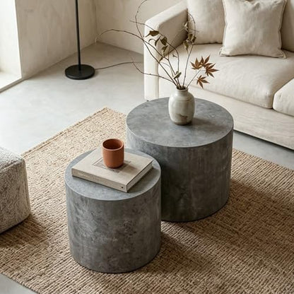 Nesting Coffee Table Set of 2, Modern Round Wooden Coffee Tables, Accent End Side Table for Small Space Living Room,Stone Gery - color: Stone Gery