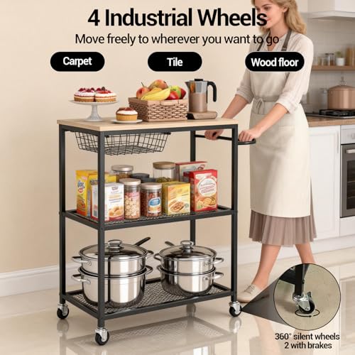 Rolling Kitchen Microwave Cart, 3 Tier Microwave Table Stand with Storage, Kitchen Utility Cart on Lockable Wheels, Small Coffee Cart Shelf Rack Organizer for Kitchen Island Coffee Bar Office Black