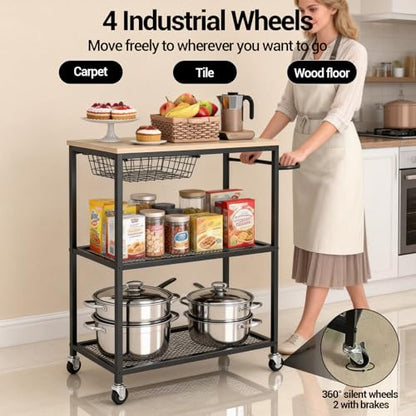 Rolling Kitchen Microwave Cart, 3 Tier Microwave Table Stand with Storage, Kitchen Utility Cart on Lockable Wheels, Small Coffee Cart Shelf Rack Organizer for Kitchen Island Coffee Bar Office Black
