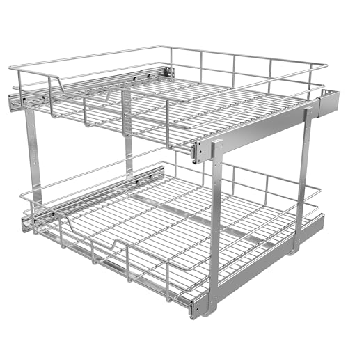 2 Tier Pull Out Cabinet Organizer 24" W X 22" D, Chromed, Full Slide Out | For Kitchen Organizers and Storage, Pull Out Drawers For Cabinets Capacity Heavy Duty Caddy, Cabinet Shelves, Bathroom Pantry - color: 2 Tier - Chrome-Plated, size: 24" W X 22" D