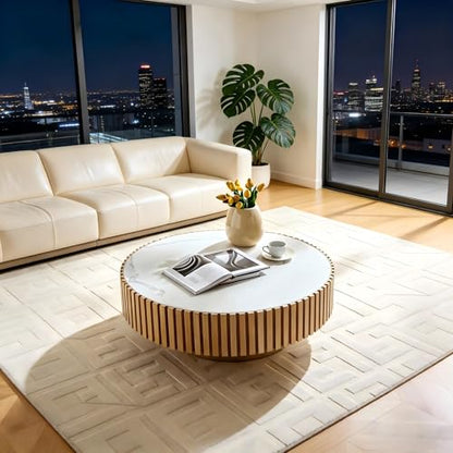 Round Coffee Table Wood Ø35.43'' X 13.77''H Drum Coffee Tables Sintered Stone Tabletop for Living Room Small Space Fluted Circle Cocktail Tea Modern Center Apartment Home Furniture Easy Assembly - color: 35.43 Wood Sintered