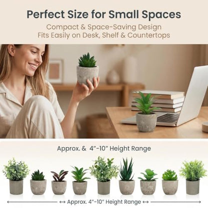 AUUGUU Artificial Potted Plants Faux Greenery in Cement Pots for Shelf, Bookshelf, Office or Home Decor, Small Decorative Fake Plants for Modern Indoor Display