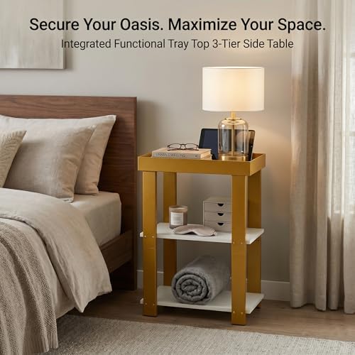 Modern 3-Tier Gold Side Table, Narrow End Table with White Tray Top Shelves, Slim Nightstand Bedside Table for Small Spaces, Living Room, Bedroom, Bathroom Storage Organizer Stand (White+Gold) - color: White + Gold