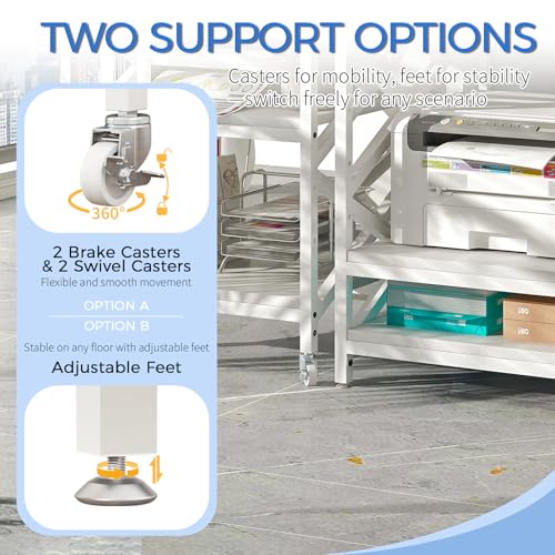 METYERRY 23.6"x23.6" Large Printer Stand with Power Outlet, 3 Tier Cart | Adjustable Shelf, Fits 3D Printers, Laser Printers and Heat Press, 200 lbs Heavy Duty, Industrial Wheels, Home Office - color: White