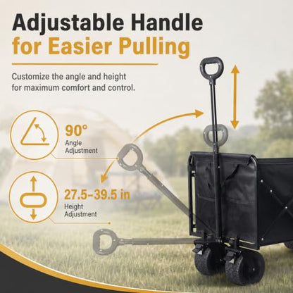 Wagons Carts Foldable Heavy Duty, 600 lb Tank Wheel Wagon with Brakes | Tank wheel utility wagon for groceries, beach, camping, garden and moving; 220L storage, all-terrain wheels and dual brakes - color: Light Black