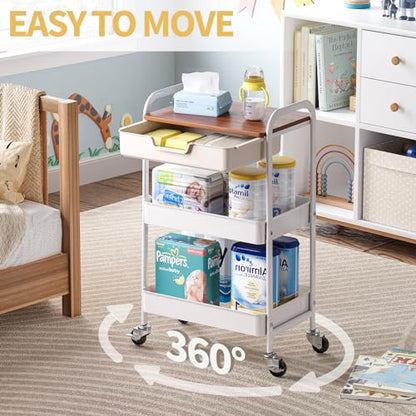 TOOLF 3 Tier Metal Utility Rolling Cart - White Storage Cart with Drawer and Wooden Table Top, Trolley Kitchen Organizer Rolling Desk with Locking Wheels for Office, Classroom, Home, Bedroom - color: White