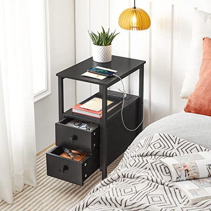 HOOBRO End Table with Charging Station, Narrow Side Table with 2 Drawer & USB Port & Power Outlets, Nightstand for Small Spaces, Stable and Sturdy, for Living Room, Bedroom, Black BK541BZ01 - color: Black