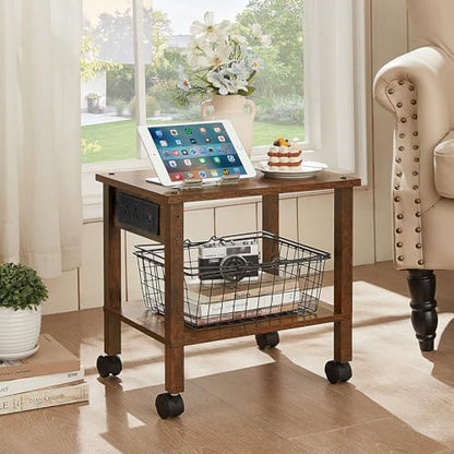 YUFAM 2 Tier Under Desk Printer Stand with Charging Station, Brown | Wooden Small Printer Table for Home Office, Rolling Printer Cart Shelf with Lockable Wheels - color: Brown, size: 11.8"D×15.7"W×15.3"H(With USB)