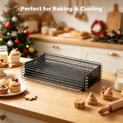 5 Tier Upgraded Collapsible Cooling Rack with Adjustable 3 Setting Design, Stackable Baking Rack with Clean Brush, Roasting Cooking Drying Wire Cooling Rack for Cookies Baking Roasting ＆ Grilling - color: Black