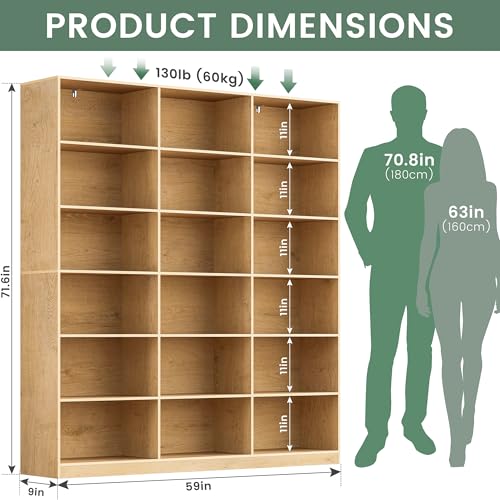 Triple Wide Bookshelf, 6 Tier Large Bookshelf, Natural Bookcase with 18 Open Display Shelves, 71.6'' Tall Book Case and Book Shelves for Living Room, Home Office, Library - color: Natural, size: Wide 59.1 Inch-1pc