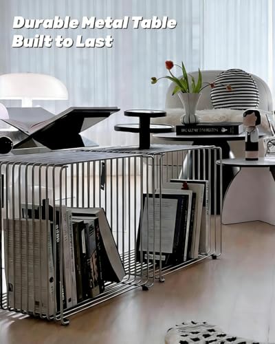 Square Stainless Steel Side Table, Metal End Table with Magazine Rack, Space-Saving Silver Nightstand for Small Spaces, Chrome Side Table with Storage Shelf for Living Room Bedroom Office