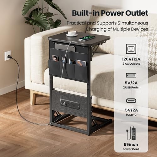 HLDIRECT C Shaped End Table with Charging Station & Storage Bag Black | 2 USB & 2 Outlets, Storage Bag, FSC Wood, Foldable, 11.8"D x 15.7"W, for Small Spaces, Couch, Bedroom - color: Black