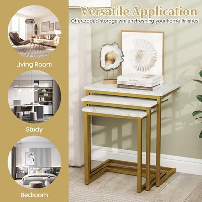 Giantex Nesting Coffee Table Set of 3, Stackable Square End Table w/Faux Marble Tabletop & Heavy-Duty Metal Frame, Farmhouse C-Shaped Accent Table for Small Space, Living Room, Bedroom (White Gold) - color: White Gold