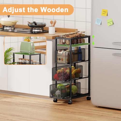 4 Tier Kitchen Rolling Cart, Kitchen Storage Cart with Wheels, Adjust Pantry Organizer and Storage Cart with Drawer, Fruit Vegetable Spice Storage Cart, Wooden Top Metal Kitchen Organizer Rack Stand - size: Small 4 Tier Black