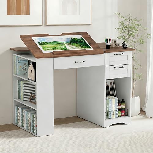 Drafting Table with Storage Cabinet & Drawers, Adjustable Drawing Desk with Open Shelves, Craft Table Painting Desk for Artists, Painters, Drawing, Crafting, Reading, Writing, Working - color: White