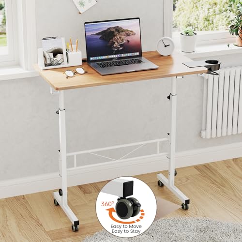 Hadulcet Portable Standing Desk, Rolling Desk Adjustable Height, Mobile Laptop Desk, Small Stand Up Table with Wheels, Walking Table for Treadmill Walking Pad, Tall Computer Stand, Oak - color: Oak