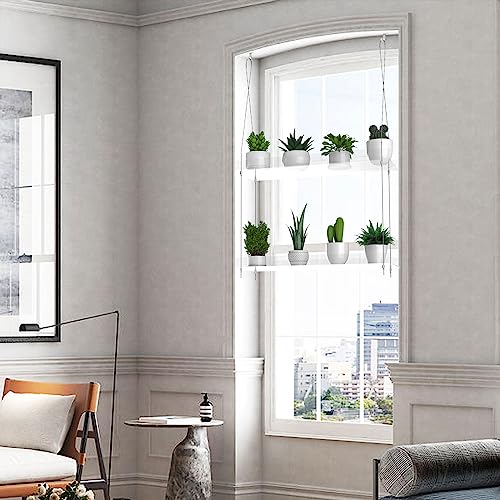 2-Tier Hanging Clear Plant Shelves for Windows,16 Inch per Tier | Acrylic Window Wall Plant Stand Shelf for Kitchen Indoor Gardens, Flower,Herb, Seedling Organization, and Pots Display. - size: 2 Tier