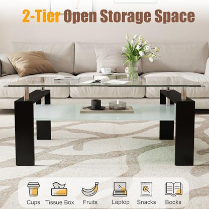 2-Tier Coffee Table with Tempered Glass Top and MDF Frame, Modern Black Rectangular Glass Center Table for Living Room, Apartment, Office, Easy to Assemble - color: Black, size: Coffee Table