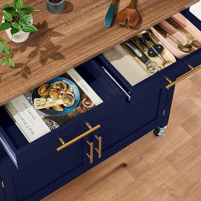 Best Choice Products 36in Large Rolling Kitchen Island Cart, 2-Door Cabinet, 2 Drawers, Pull-Out Shelf, Power Outlet, Hooks, & Swivel Lockable Wheels - Midnight Blue - style: Midnight Blue