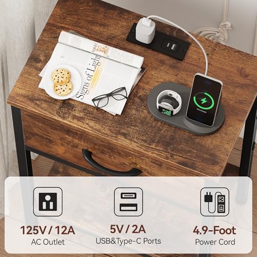 Vagusicc Nightstand with Charging Station, End Table with Fabric Drawer, Small Side Table with 2-Tier Storage Shelves, 25.4" Tall Bedside Table, Night Stand for Bedroom Living Room Dorm, Rustic Brown - color: Rustic Brown (1 Pack)