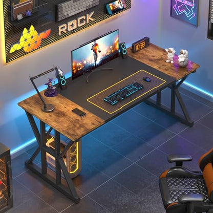 TVU Computer Desk, 55 inch Large Office Desk, Study Writing Table with Thicken Frame, Gaming Desk, Modern Simple Desk for Home Office, Rustic Brown/Black - color: Rustic Brown+black, size: 55inch