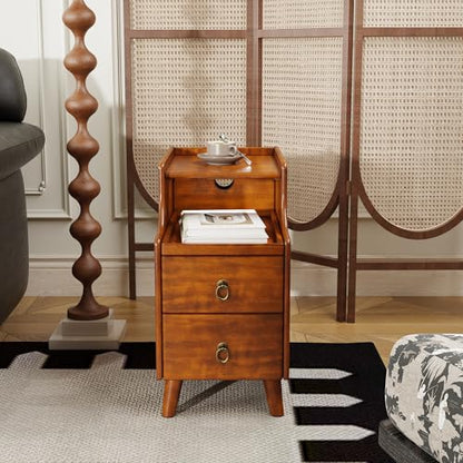 Narrow End Side Table with 2 Drawers and Pull-Out Tray, No-Tools Assembly Sofa Beside Table for Living Room, Slim Side Table with Solid Wood Legs, 11.8”W x 21.6”L x 22.9”H Caramel Brown BG-A1359-MG - style: 1*End Table with 2 Drawers