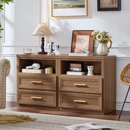 RWYHG 24'' Wide Farmhouse Night Stand with 2 Drawers,Wood Nightstand | Modern End Table Open Storage Shelf, Metal Handle, Mid-Century Bed Side Table for Bedroom, Living Room, Light Walnut - color: Light Walnut