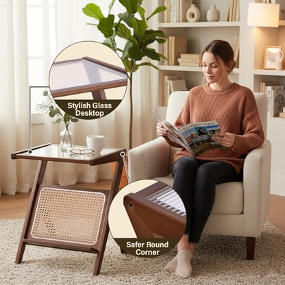 Tiita 2 Pack Rattan Side Table, Mid Century Nightstand, Bamboo Accent Bedside Tables, Glass Coffee Tables, Boho Wooden End Table with Storage for Small Space, Living Room and Bedroom - color: 2 Pack Rattan-l-brown