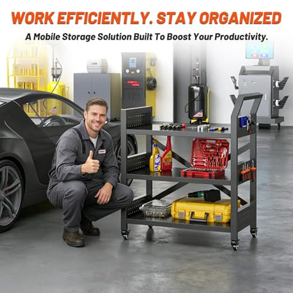 3 Tier Rolling Tool Cart, Heavy Duty Metal Service Cart with Standard Handle and Pegboards, 660 LBS Load Capacity Tool Utility Cart, Industrial Utility for Garage, Warehouse, Workshop - size: 13.8"D x 24.4"W x 30.3"H