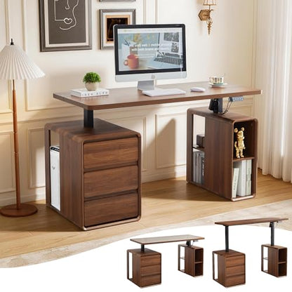 Electric Standing Desk with Drawers, 55" Office Desk Height Adjustable Executive Desk with Storage Shelves, Simple Setup Wood Desk Home Office Stand up Desk for Work, Study, Writing, Walnut - color: Walnut