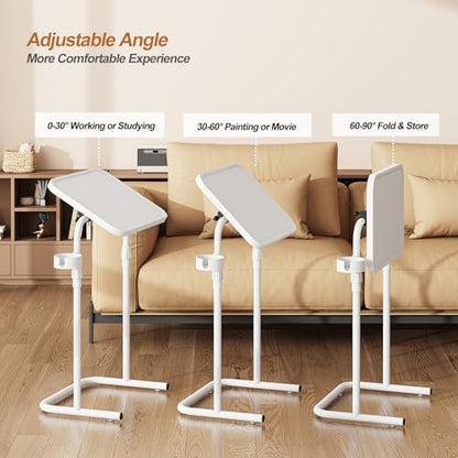TUTOTAK C Shaped End Table with Tiltable Surface, Adjustable Height Side Table, Slide Under Couch Table TV Tray for Eating, Sofa Tray for Livingroom, Bedroom White TB01BW091 - color: White